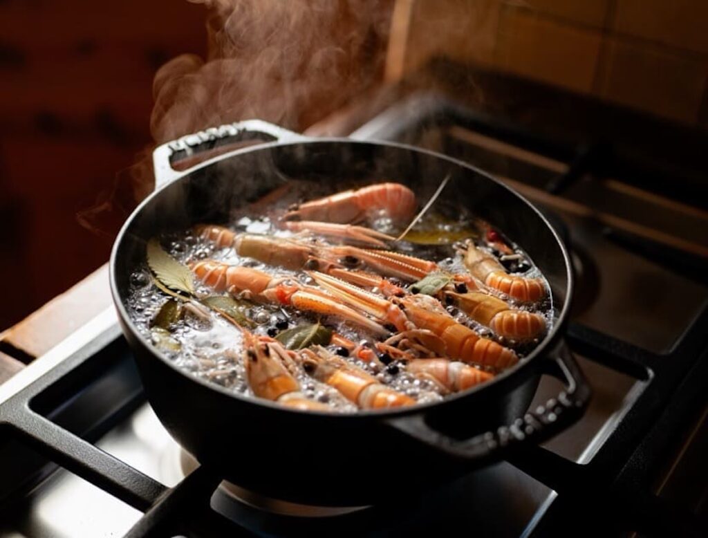 langoustines en train de cuire au court-bouillon