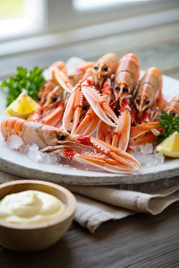 langoustines dans une assiette a de de la glace