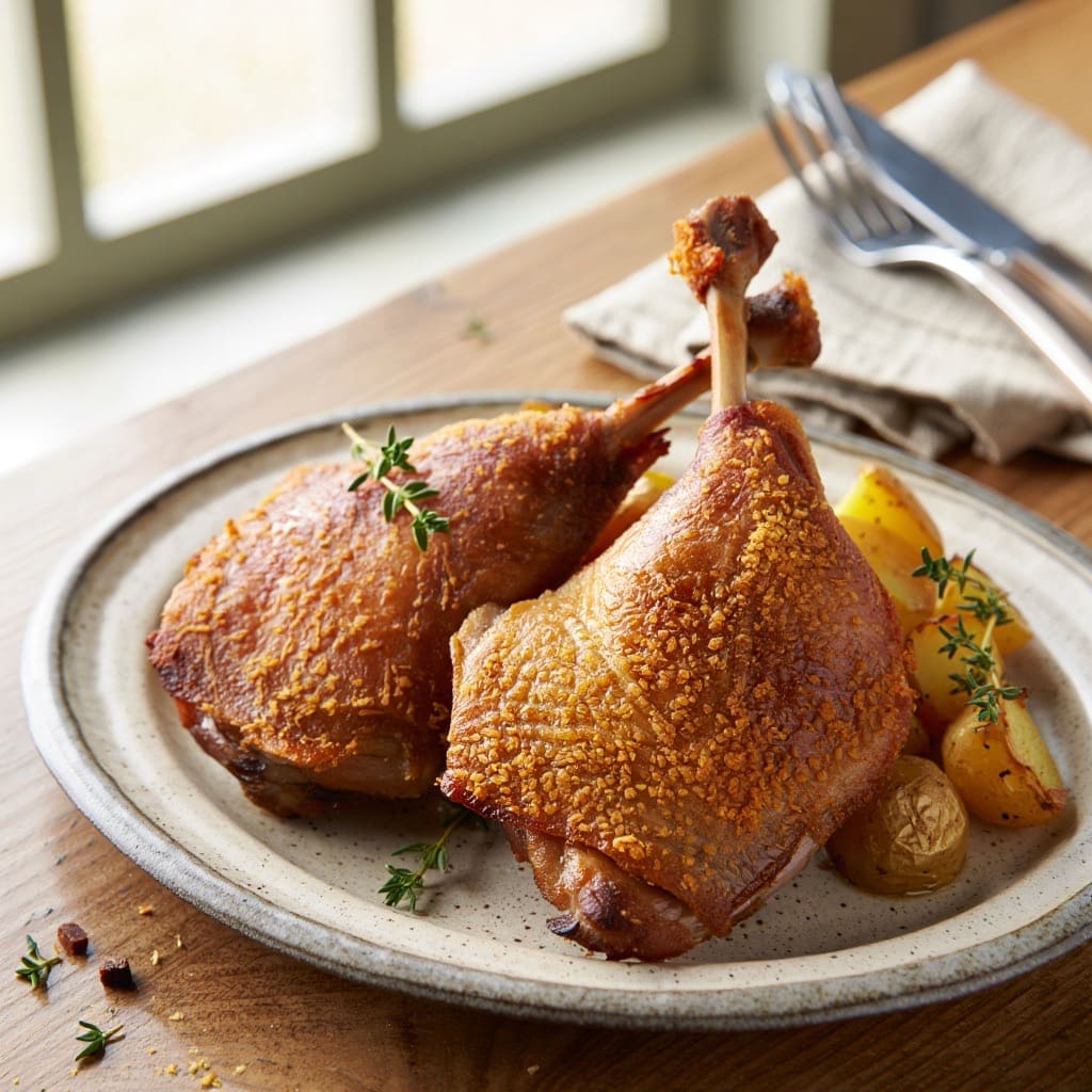 cuisses de canard cuite à l'air fryer servies dans une assiette avec des pommes de terre