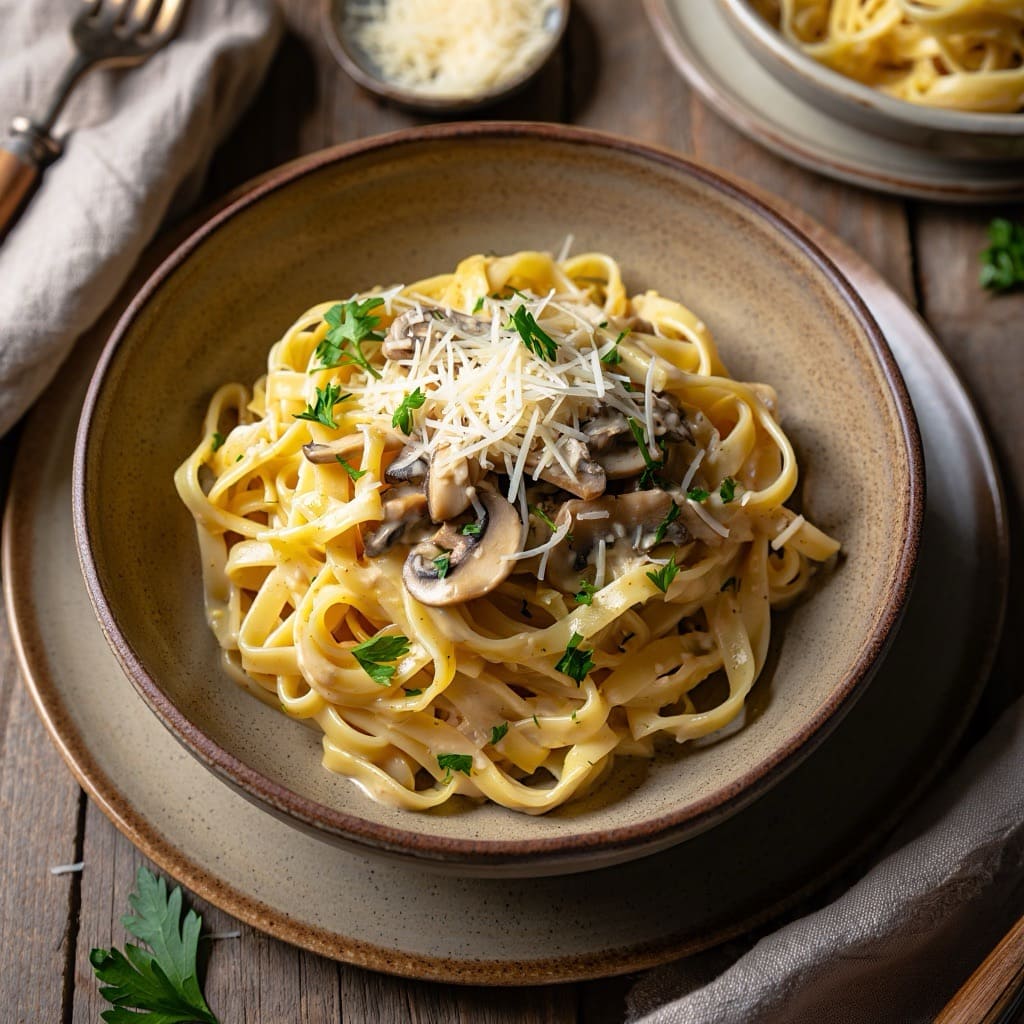 assiette de tagliatelles avec champignons et sauce ail
